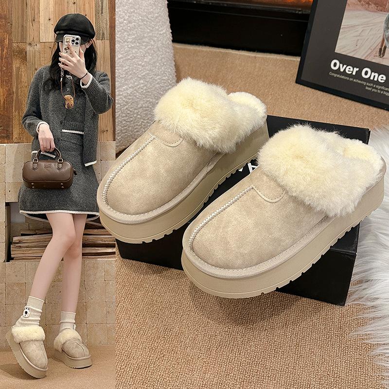 

Тапочки Mao Mao женские на толстой подошве, носят овчину и мех, интегрированные с сумкой, головные сапоги для снега, полусабо, один педаль, ленивые хлопковые туфли, зима 40