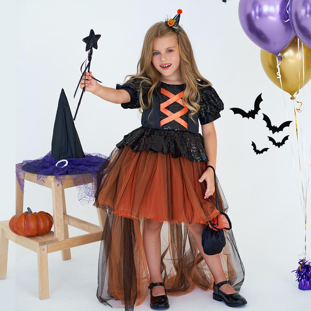 Girls' Halloween Sequin Princess Dress with Puff Sleeves and Puffy Skirt