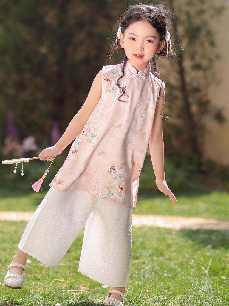 2026 Girls' Summer Chinese Style Sleeveless Qipao Set with Stand-up Collar