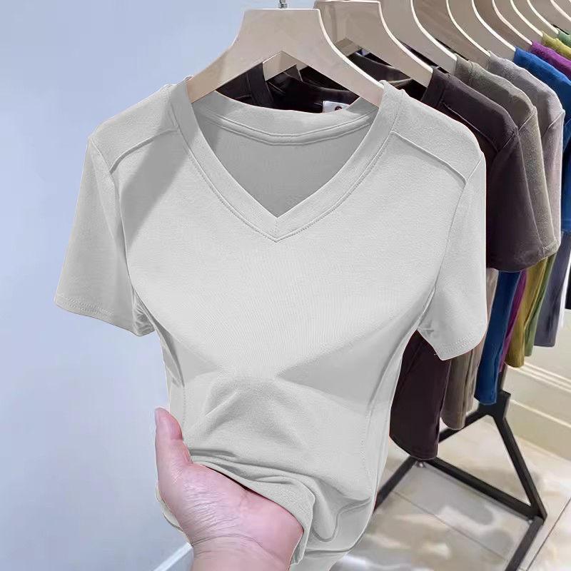 Summer Women's V-neck Short-sleeved Ribbed T-shirt