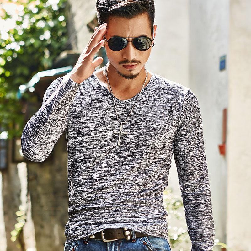 Premium Fashion Men's Muscle Long Sleeve Shirt V-neck Casual Slim Fit Tee For All Occasions
