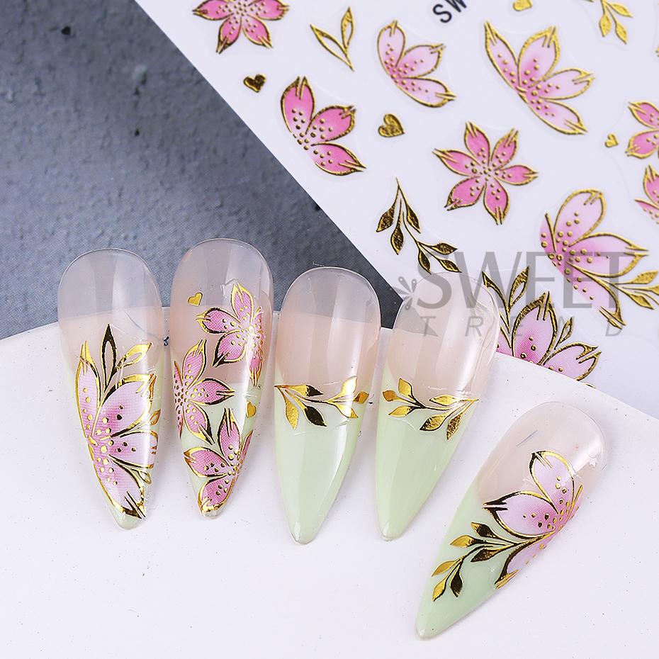 2/3 Stück Gold-Rosa Hibiskusblüten-Nagelsticker 3D Bronzefarbener Rand Blütenblätter Sakura Linien Slider Nagelaufkleber DIY Maniküre Dekor