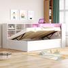 Slaapbank 90*200, met meervoudig stopcontact en diverse opbergvakken, lichtstrip, hydraulisch, massief hout, eenpersoons, multifunctioneel houten bed, wit.