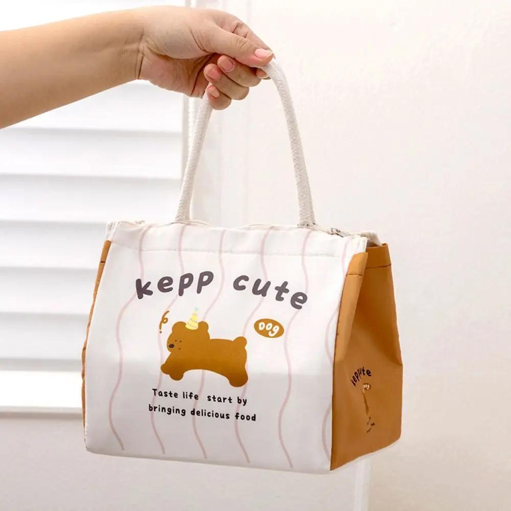 Cute Cartoon Bear Canvas Tote Food Bag Women Kawaii Portable Mini Handbags Thermal Lunch Box Cloth Picnic Travel Storage Bags