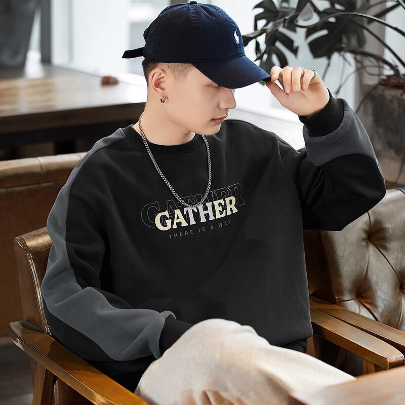 

TonLion 2024 Men s Chest Print Fleece-Lined Crew Neck Sweatshirt M