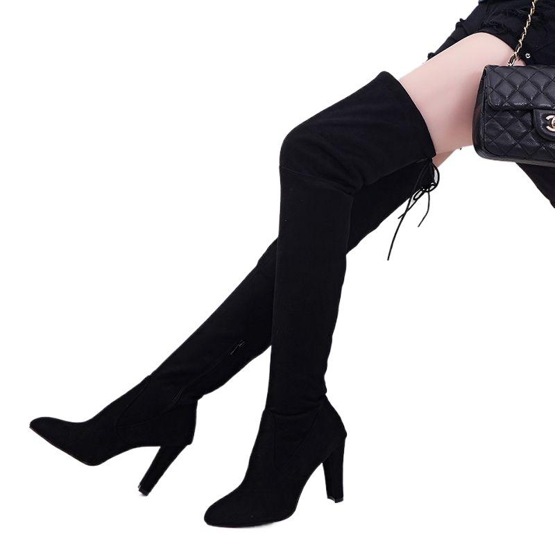 43 yards, pointed toe high heels, over the knee boots, thick heels, slim boots, women's slim elastic boots, European and American plus-size boots