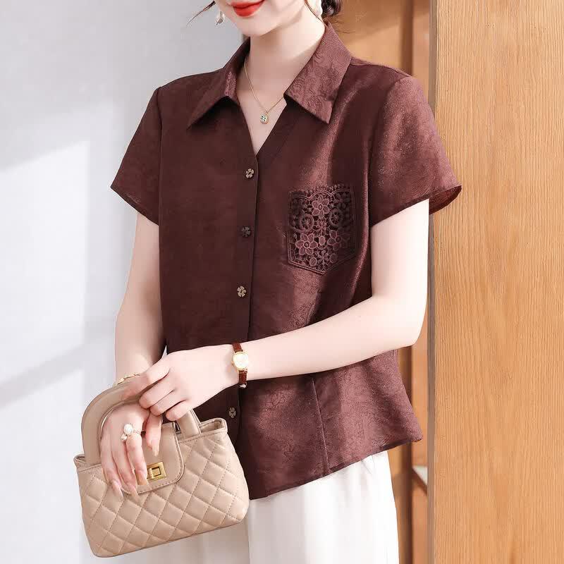 Xuexi 2026 Summer Short-Sleeved Chiffon Blouse for Middle-Aged Women L