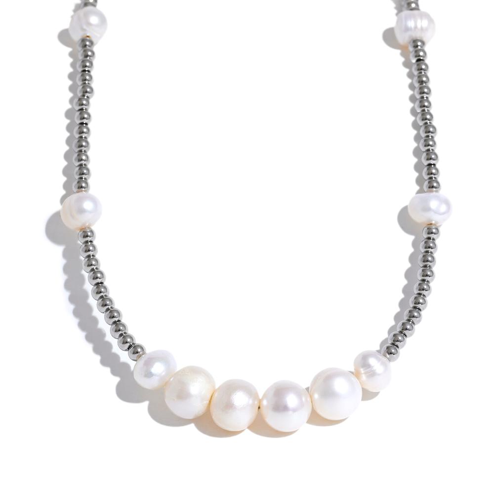 

Yhpup High-Grade Metal Beads Natural Pearl Chain Stainless Steel Handmade Necklace Jewelry Gift Attractive Women Accessories