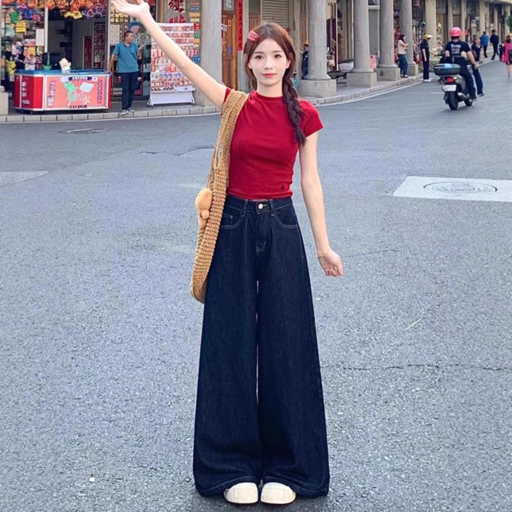 Women's Deep Blue Wide-Leg Jeans - Summer Thin, Petite, Loose, Slimming, Floor-Length Straight Leg Pants
