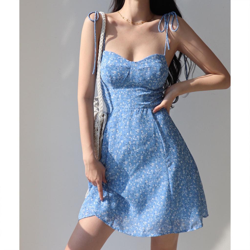 Women Summer Floral Mini Dress, Blue Ditsy Floral Sweetheart Neck Tie Spaghetti Strap Flowy A-Line Sleeveless Sundress