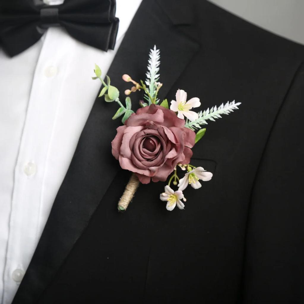 6pcs Rustic Artificial Rose Boutonniere Corsage Set Dusty Rose White Wristband Prom Suit Flowers for Wedding Ceremony