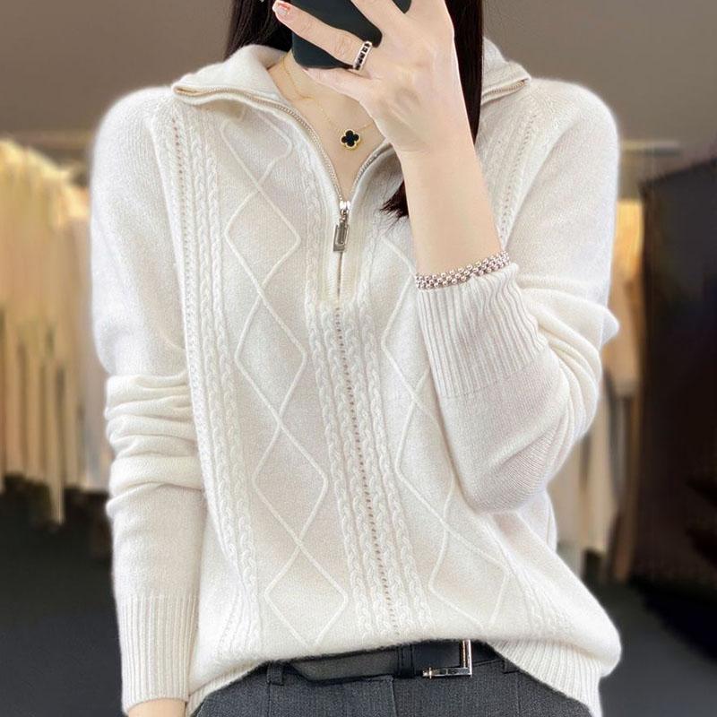 Women's Polo Collar Sweater  Autumn Winter Thick Woolen SweaterSolid Color Pullover Wool Knitwear