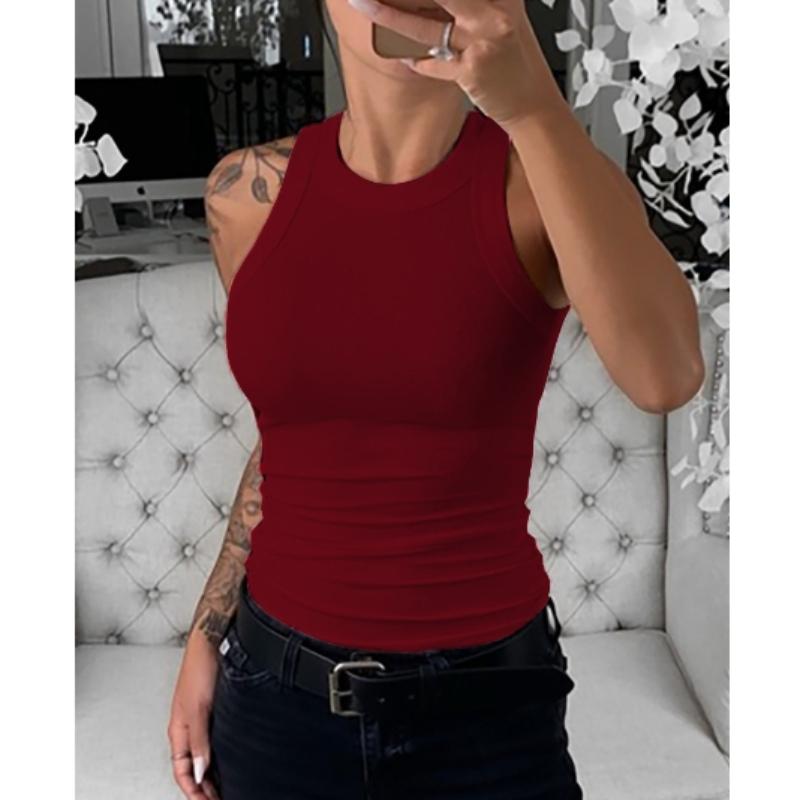 

Женская однотонная майка в рубчик с круглым вырезом, женская летняя базовая эластичная майка с круглым вырезом, однотонная майка размера плюс S красный