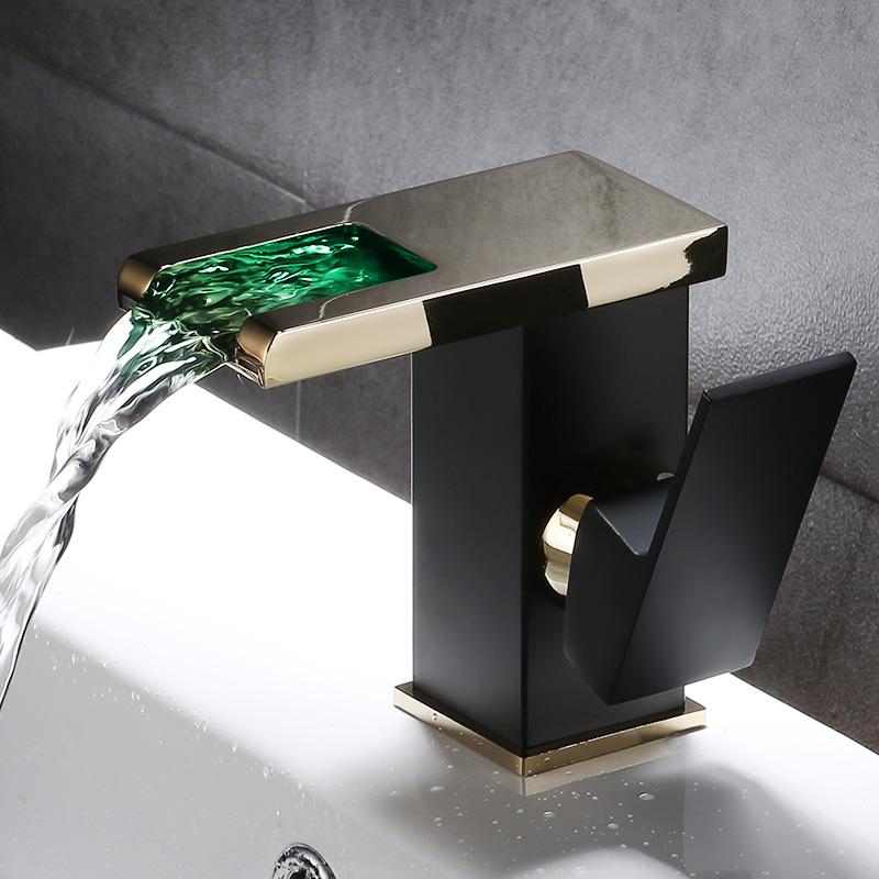 Bathroom Basin Faucet Black Gold Brass LED Sink Mixer Tap Hot and Cold Unique Design Basin Lavtory Faucet Brass