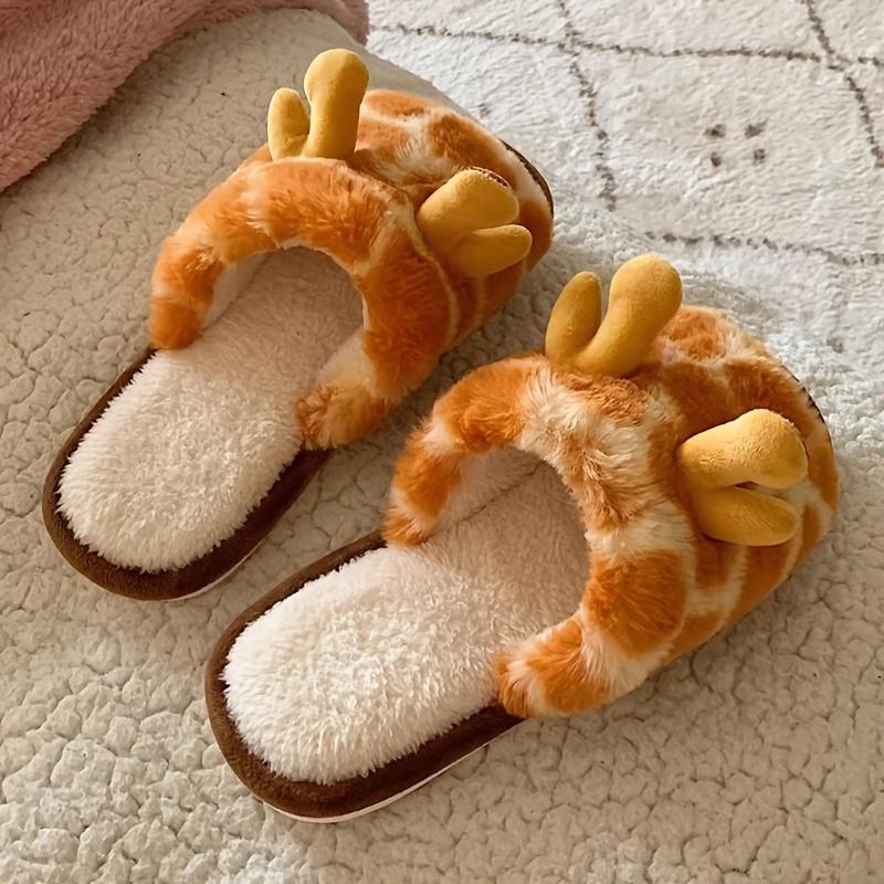 Women's Giraffe Print Fluffy Furry House Slippers - Cute Cartoon Animal Design Indoor Bedroom Slippers with Soft Fabric Upper & Non-Slip PVC Sole