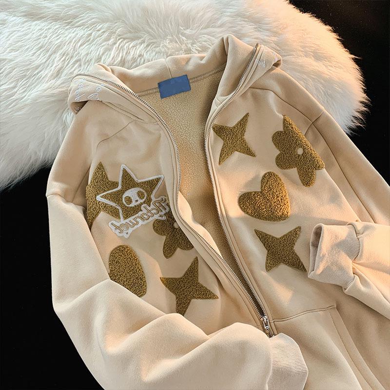 Retro Letter Embroidered Hooded Cardigan: Thick, Plus-Size Velvet Sweater for Couples
