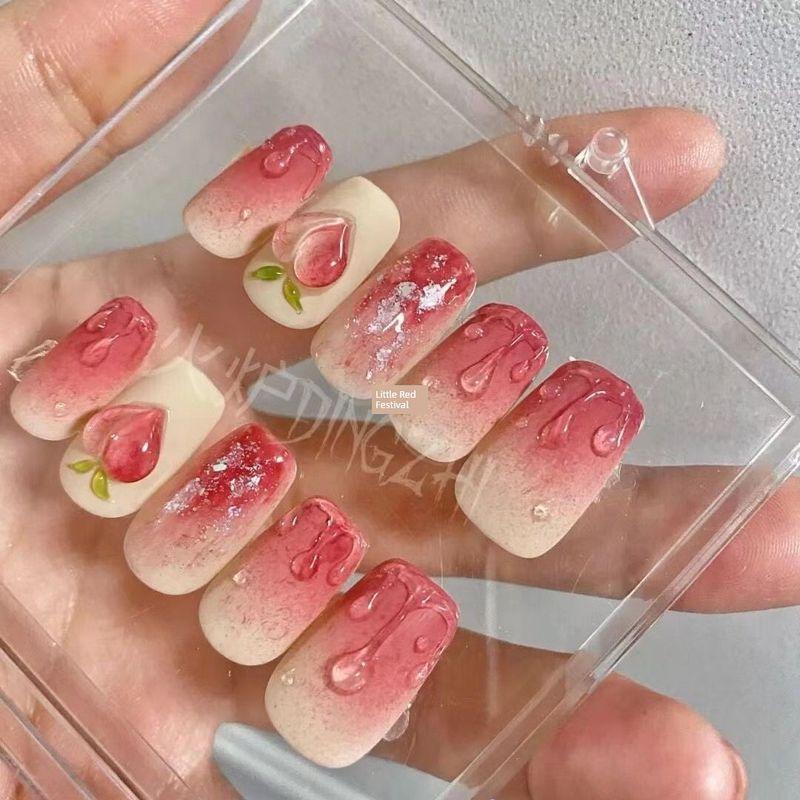 

Handmade Kids Wear Nail Girl Nail Stickers Finished Product Full Set Gradient Peach Short and Medium Style Cute White Detachable Short T special trumpet XS(4-10 years old)