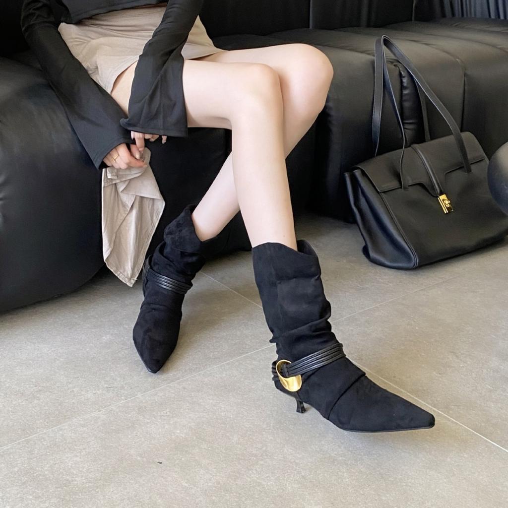 2025 autumn and winter new square head thin heel high heel temperament French fashion women's short boots suede metal decorative medium boots