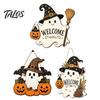 Halloween Party Decor Wooden Ghost Welcome Sign for Front Door, Rustic Cartoon Hanging Pumpkin Supplies Plaque with Wizard Hat And Broom Holiday Wall