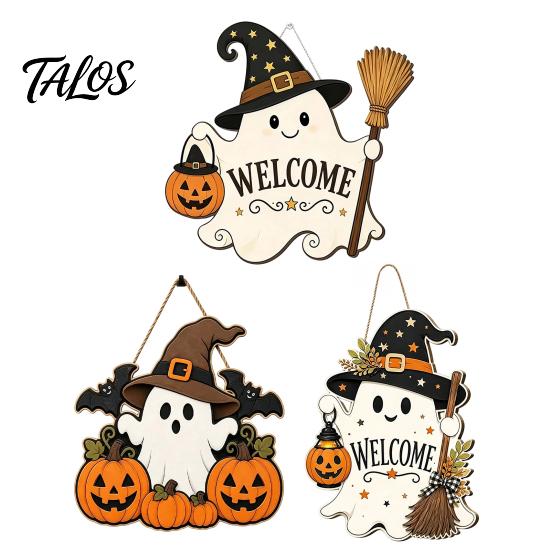 Halloween Party Decor Wooden Ghost Welcome Sign for Front Door, Rustic Cartoon Hanging Pumpkin Supplies Plaque with Wizard Hat And Broom Holiday Wall
