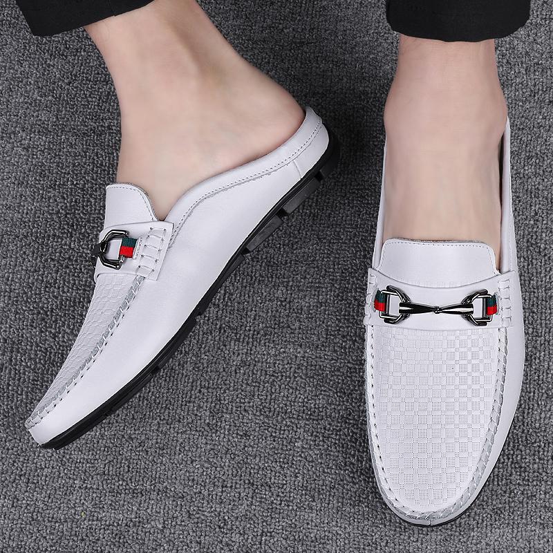 Cow Genuine Leather Slippers for Men Black White Mens Slip-on Lazy Youth Walking Sandals Slides Half Drag Loafers Big Size 37-46