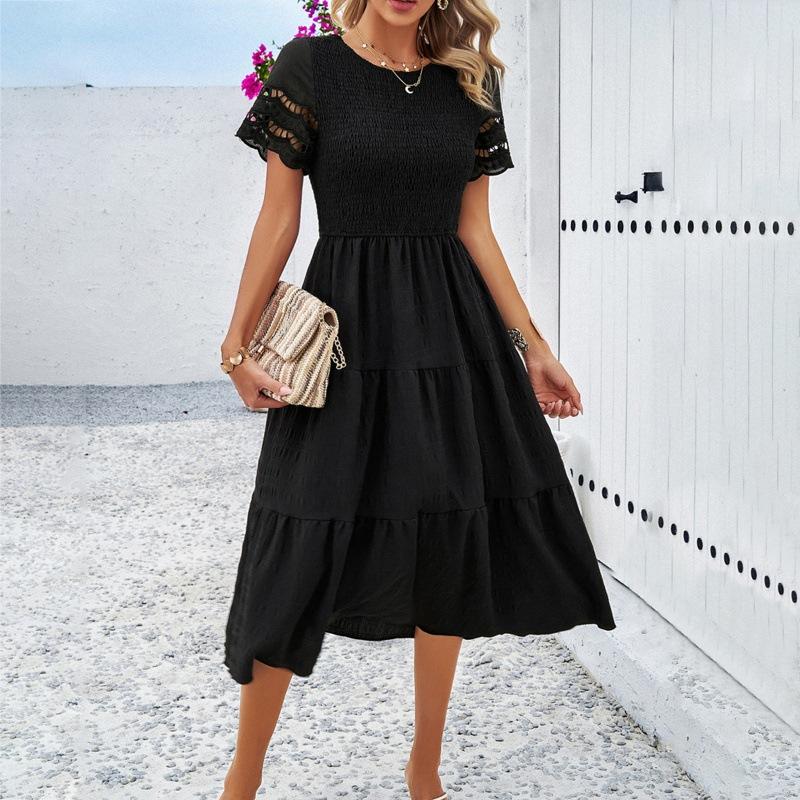 Women's Spring and Summer Temperament Solid Color Short-sleeved Hollowed Out Dresses