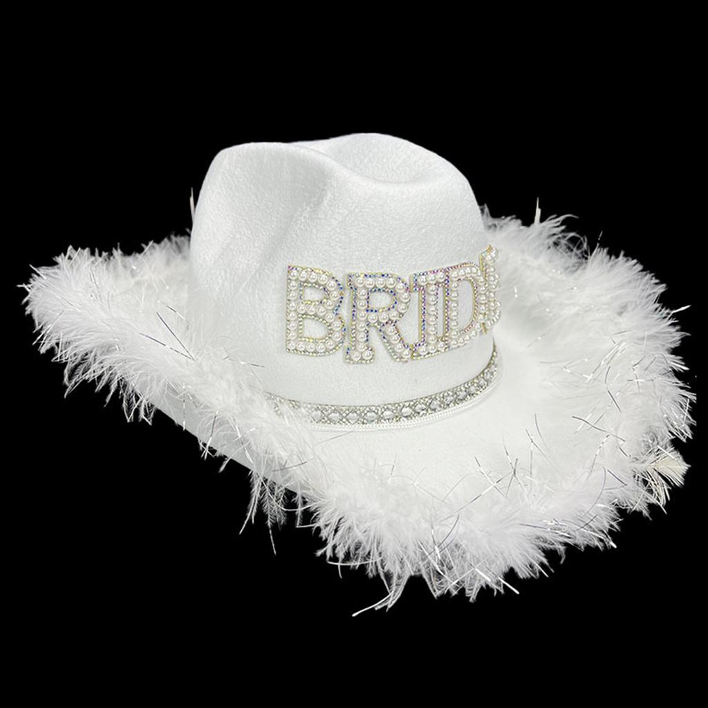 Handmade Wedding Party Cowgirl Hat with Pearl BRIDE Letter Bridal Western Fedoras Hat with Plush Trim for Photography