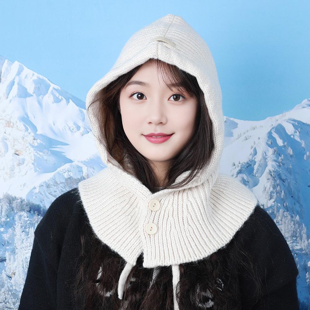 

Корейська версія балаклави Жіноча осінньо-зимова тепла вовняна шапка-шарф з капюшоном В язана шапка Зима One Size