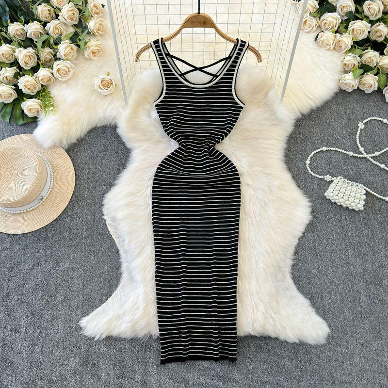 

Stripes Waist-Controlled Base Inner Wear Vacation Spaghetti Straps Dress Black All yards