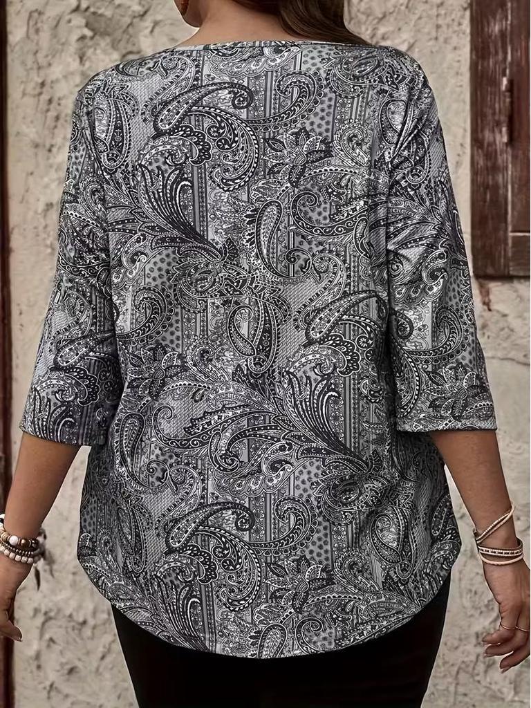 Übergröße Paisley-Print Langarm-Knopf-T-Shirt für Damen