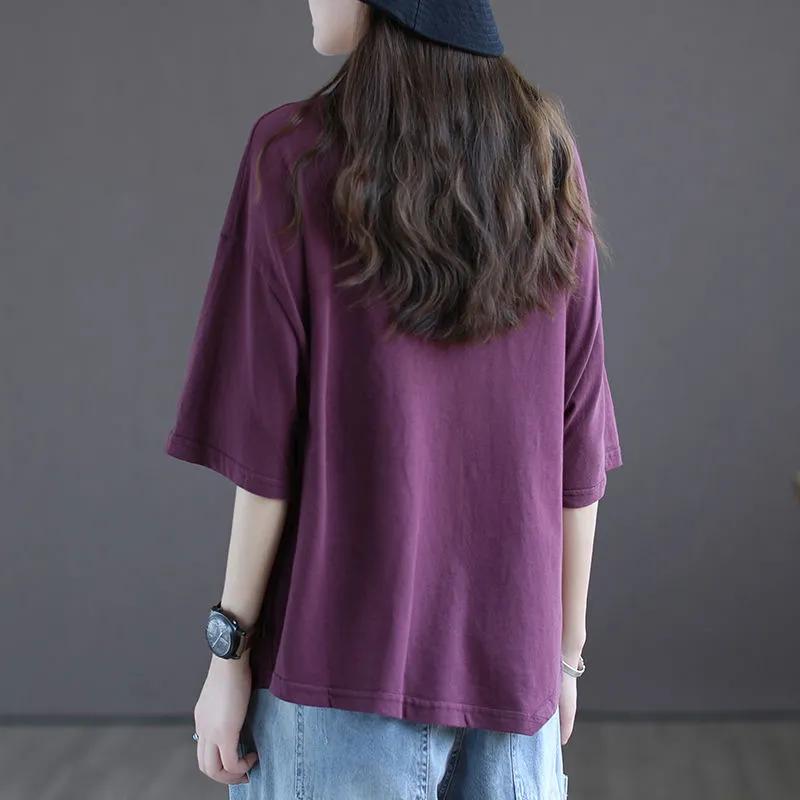 Women's Summer Thin Round Neck Short Sleeve Loose T-Shirt Design Literary Solid Color Front Pocket Top