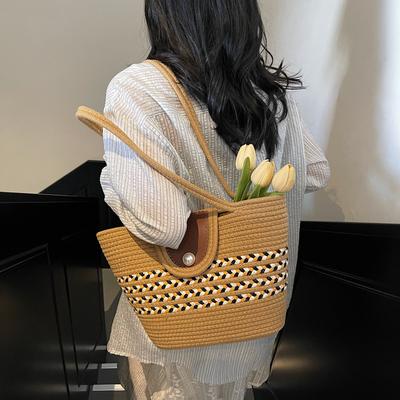 Baumwoll-Webtasche Frühling neue Mode tragbare Umhängetasche Kontrastfarbe süße Mädchentasche Strandurlaub Strandtasche