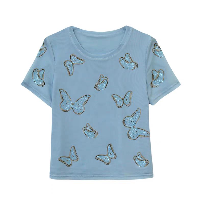 New Slim Mesh Positioning Hot Diamonds Butterfly T-shirt Women's Summer Short Sleeved Tops Sexy Girl Casual Streetwear Tees Clothes