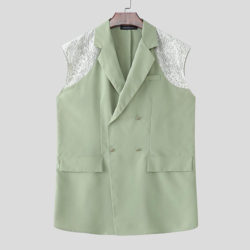 

INCERUN Oversized Men Lapel Lace Patchwork Sleeveless Casual Thin Long Vest Waistcoat XL