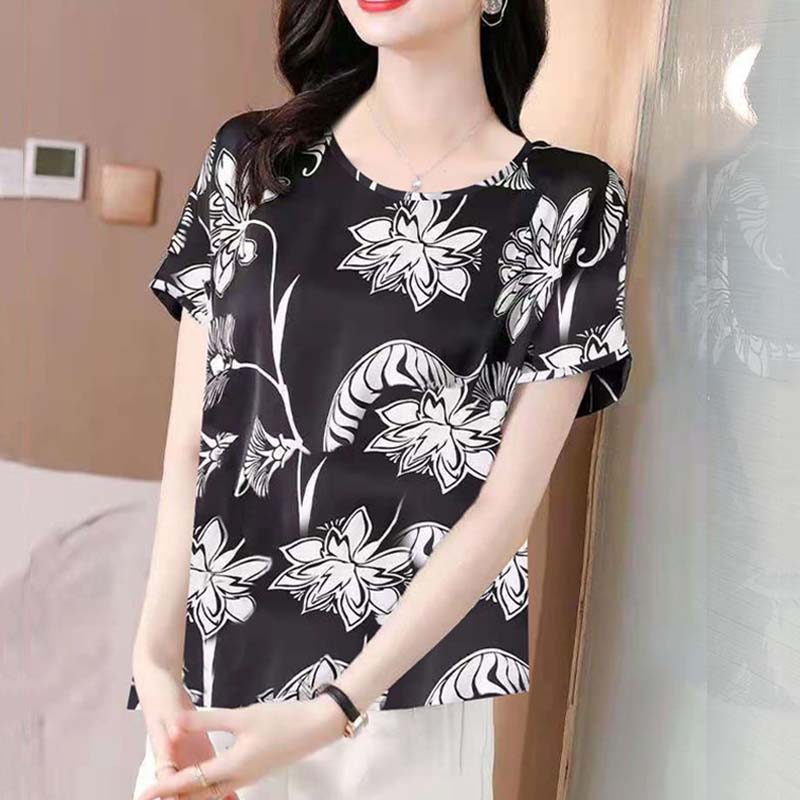 Dámské tištěné tričko volného střihu s kulatým výstřihem a krátkým rukávem Dámský tenký pulovr Top Spodní tričko Léto Nová móda Každodenní běžné nošení