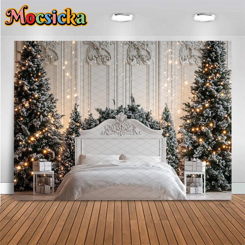Mocsicka Christmas Tree Backdrop Photography Winter Snow White Palace Bed Photo Background Indoor Wooden Wall Lamp Decors Banner