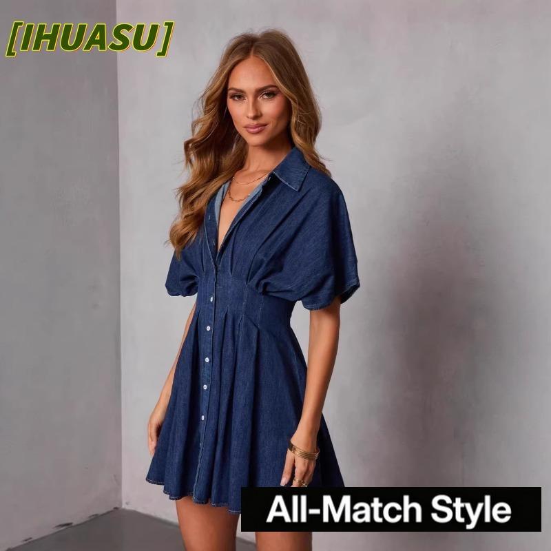 IHUASU Fashion Summer Spring Solid Color Print Short Sleeve Casual Dresses