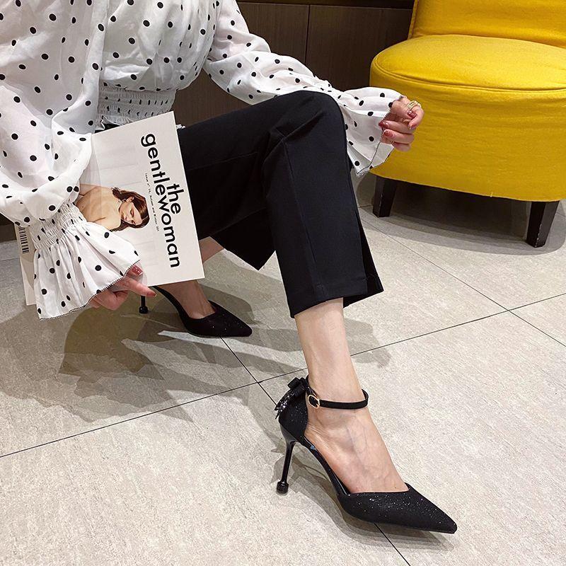 European and American pointed thin heel sequined hollow fashion sandals 2025 summer new fashion casual professional high heels
