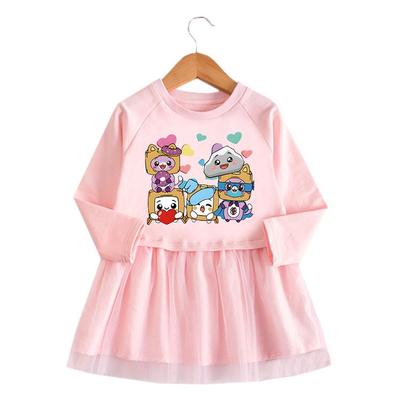 2026 Korean-Style Girls' Long Sleeve Cartoon Dress with Mesh Skirt - Spring/Autumn Princess Dress