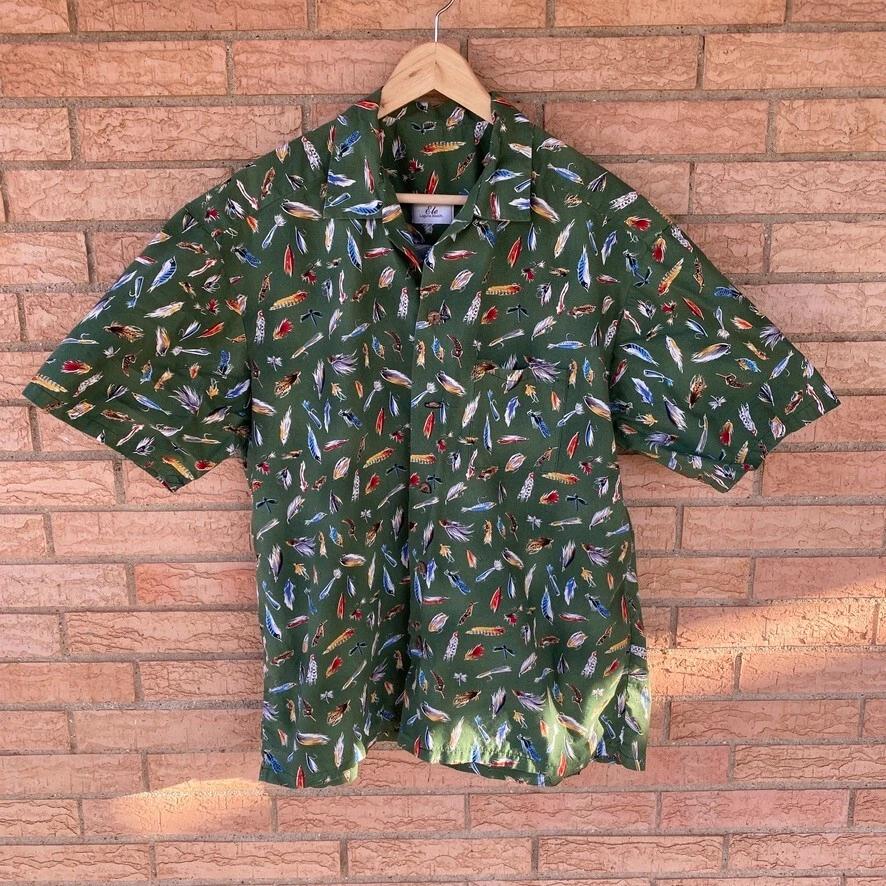 

90s y2k ELE Laguna Beach camp collar fishing lure green novelty shirt size XL 2XL