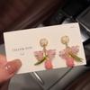 Pinkdudu 2023 Sweet Pink Rose Green Leaf Drop Earrings Fashion Creative Silver Needle Flower Earring for Women Jewelry PD1459