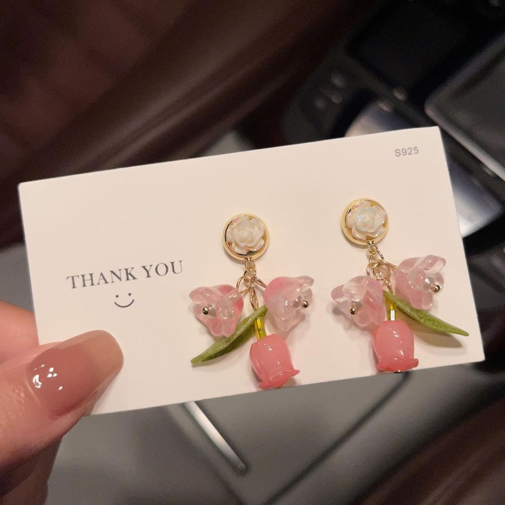 Pinkdudu 2023 Sweet Pink Rose Green Leaf Drop Earrings Fashion Creative Silver Needle Flower Earring for Women Jewelry PD1459