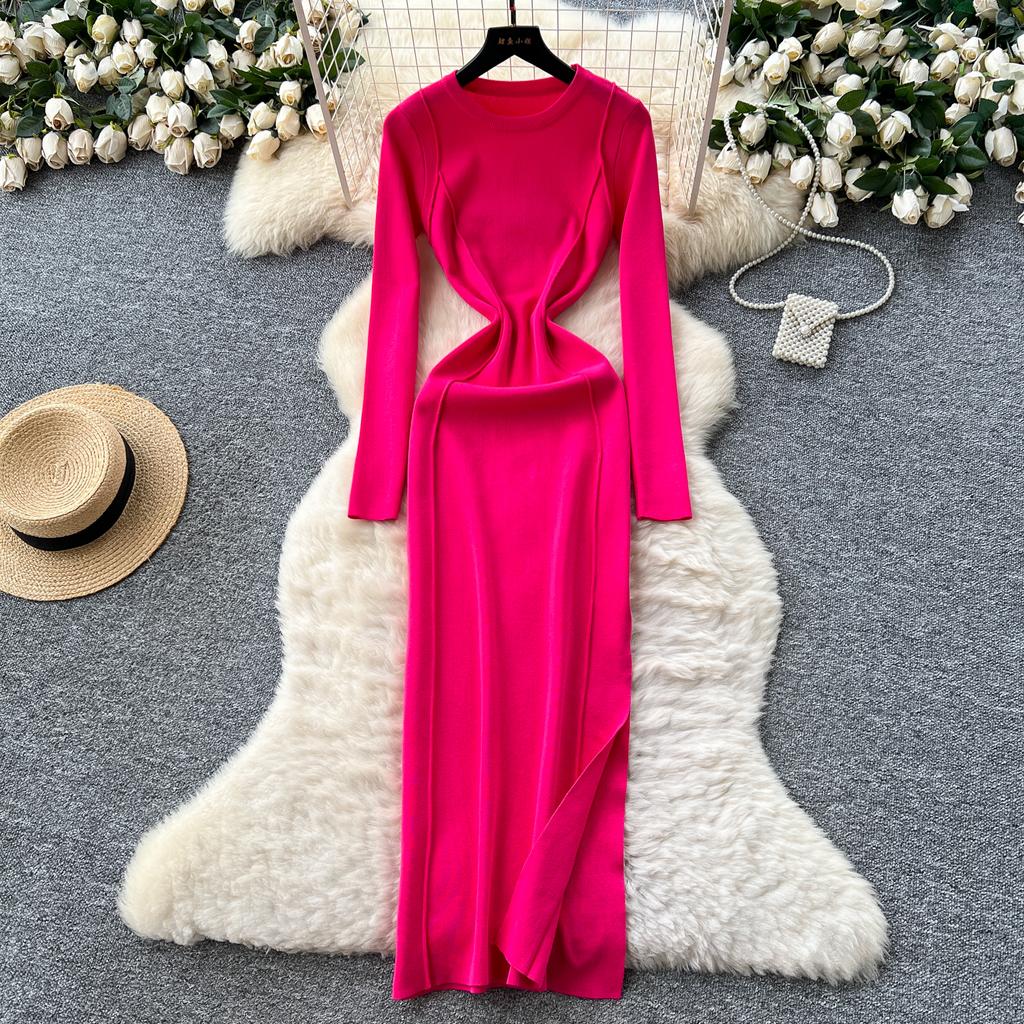 Split Slim Waist Dress for Women Autumn 2025 French Slim Fit and Slimming Elegant Knitted Bodycorn Dresses