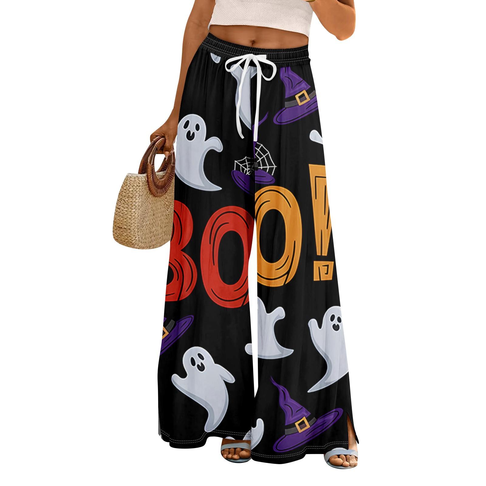 

Women Summer Boho Palazzo Pants High Waist Wide Leg Halloween Printing Casual Trousers With Pockets S фіолетовий