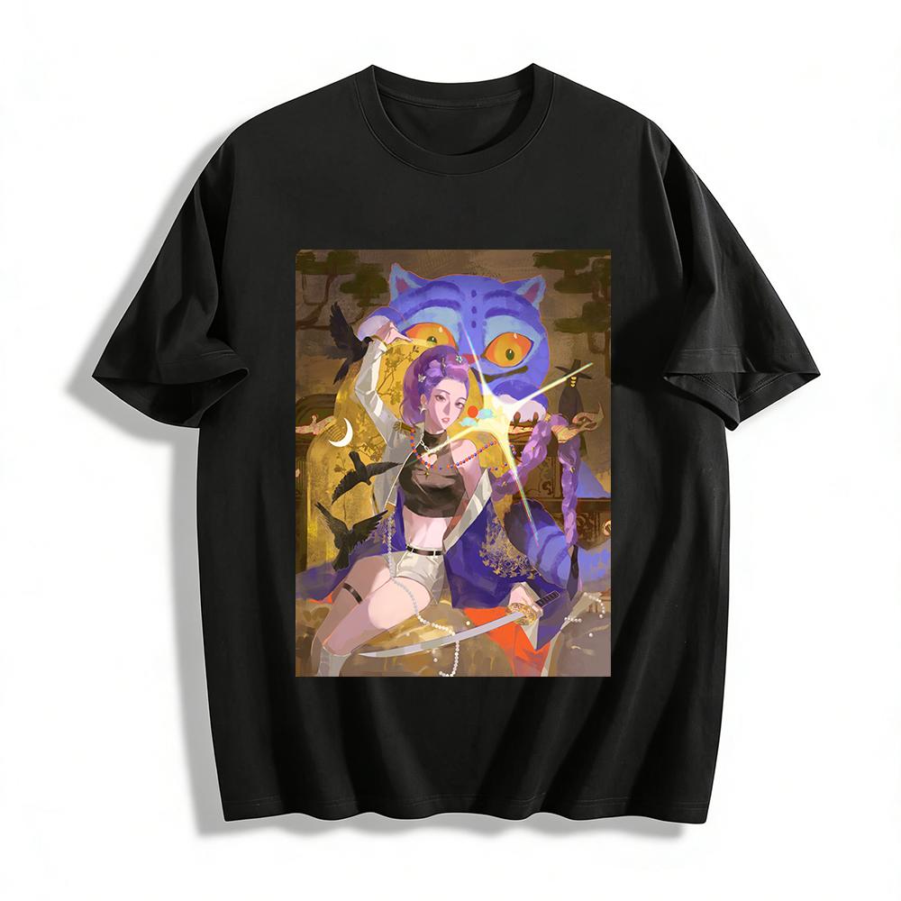 

Cyber Chinese Style Purple Hair Girl Print Top Trendy Big Cat Element Streetwear Casual T-Shirt Pure cotton T-shirt XXS