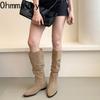Vintage Pleated Women Western Cowboy Boots Fashion Low Heels Pointed Toe Shoes Autumn Winter Slim Long Botas Para Mujer