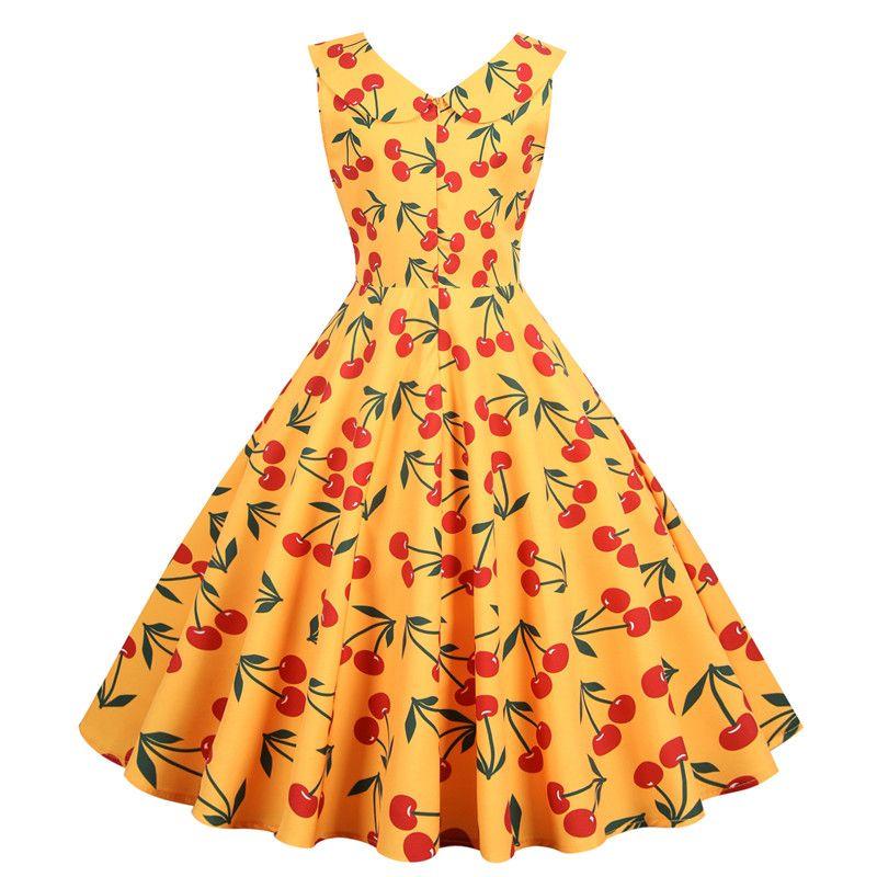 

New Arrival Women s Clothing Fashion Style French Style Retro Waist-Controlled Hong Kong Style Doll Collar Slimming Large Hem Short Sleeve Dress Red Cherry on yellow background L