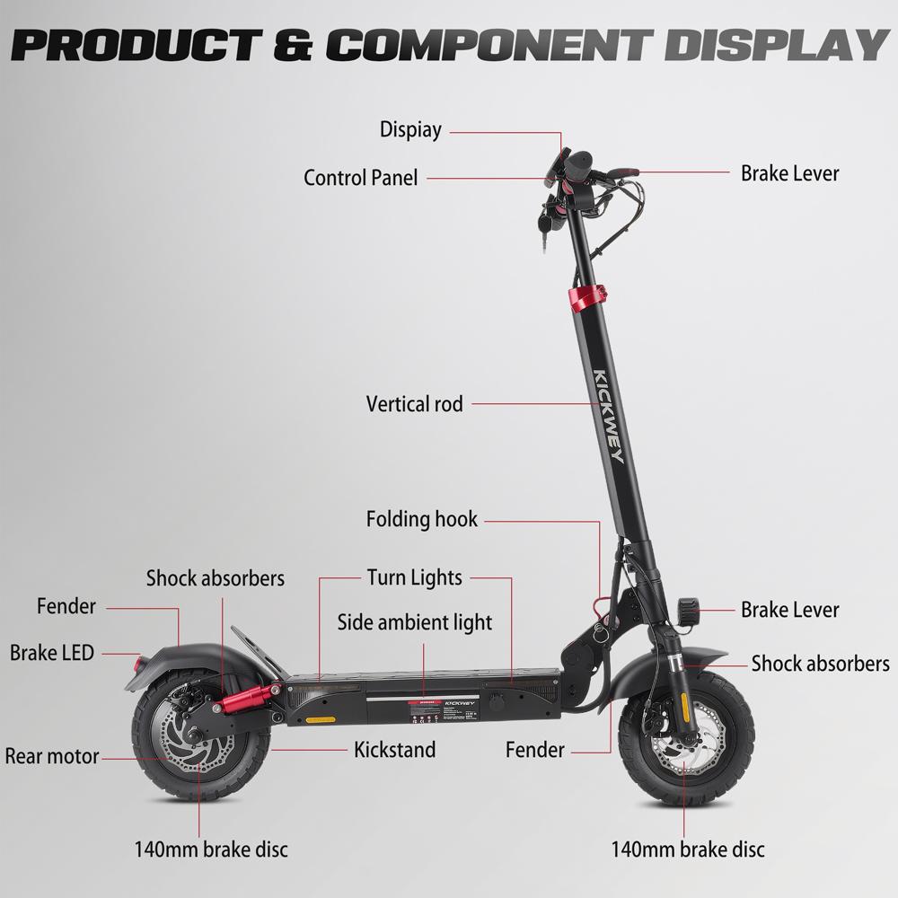 1000W Foldable Off Road E Scooter 48V20AH 54KM 45KM/H Dual Shock Hydraulic Brake 10" Tubeless Tire for Adults