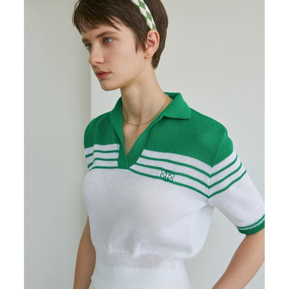 

NICKNICOLE SENSE STRIPE OPEN COLLAR KNITGREEN