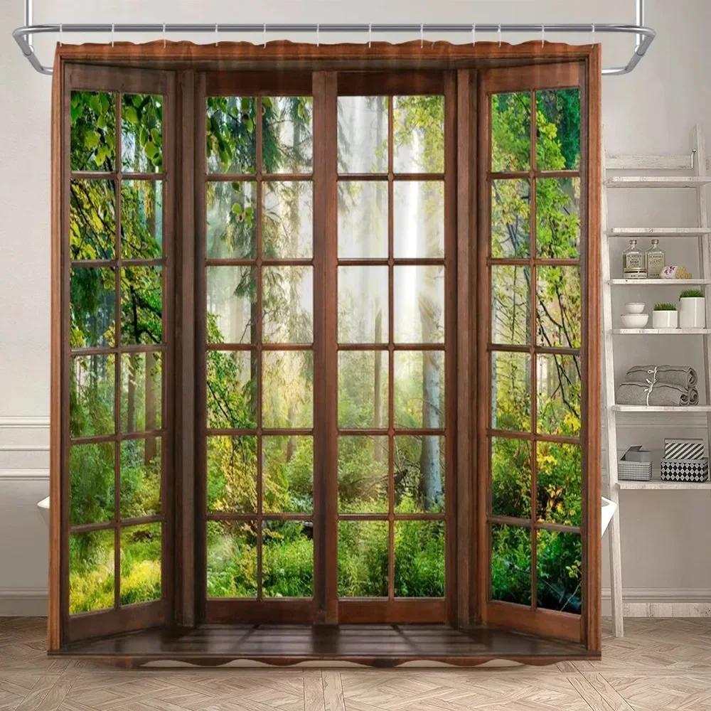 Fence Flowers Shower Curtains Blue Window Nature Floral Plants Scenery Modern Garden Wall Hanging Home Bathroom Decor With Hooks